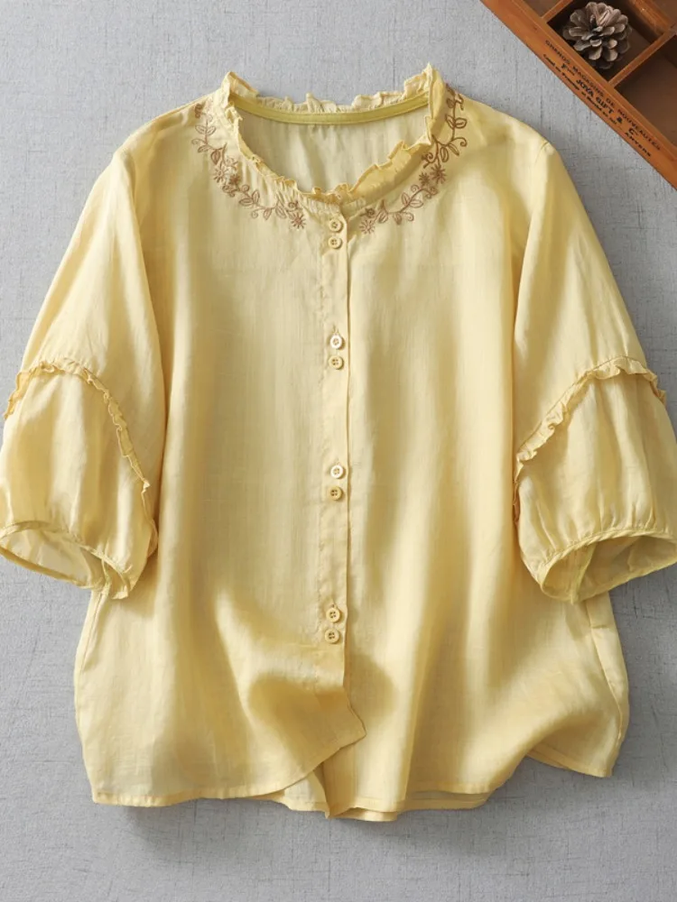 Ele bordado cáñamo irt mujer verano único hermoso f Sve Top Vintage Sle suelta ajuste botón detalle