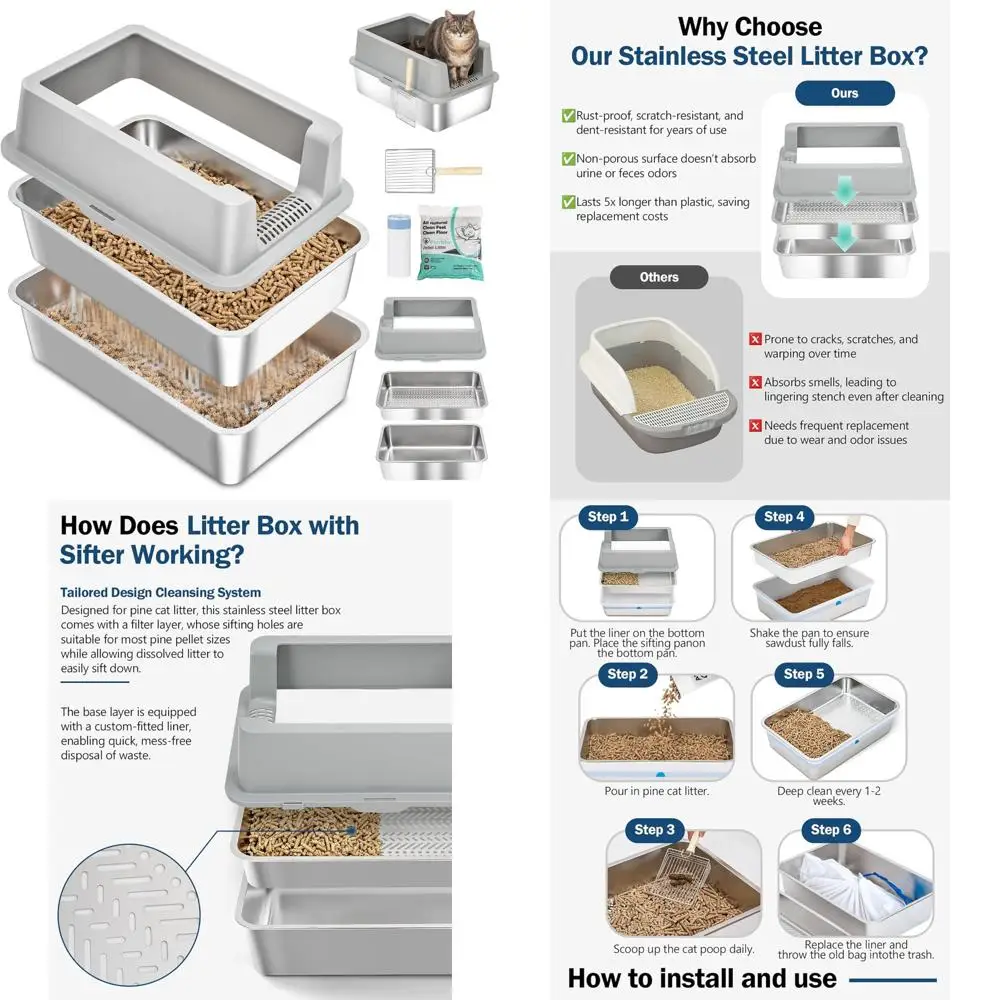 

Очень большой металлический лоток с крышкой и лопаткой для больших кошек, домашнего использования для нескольких кошек, контроль запаха