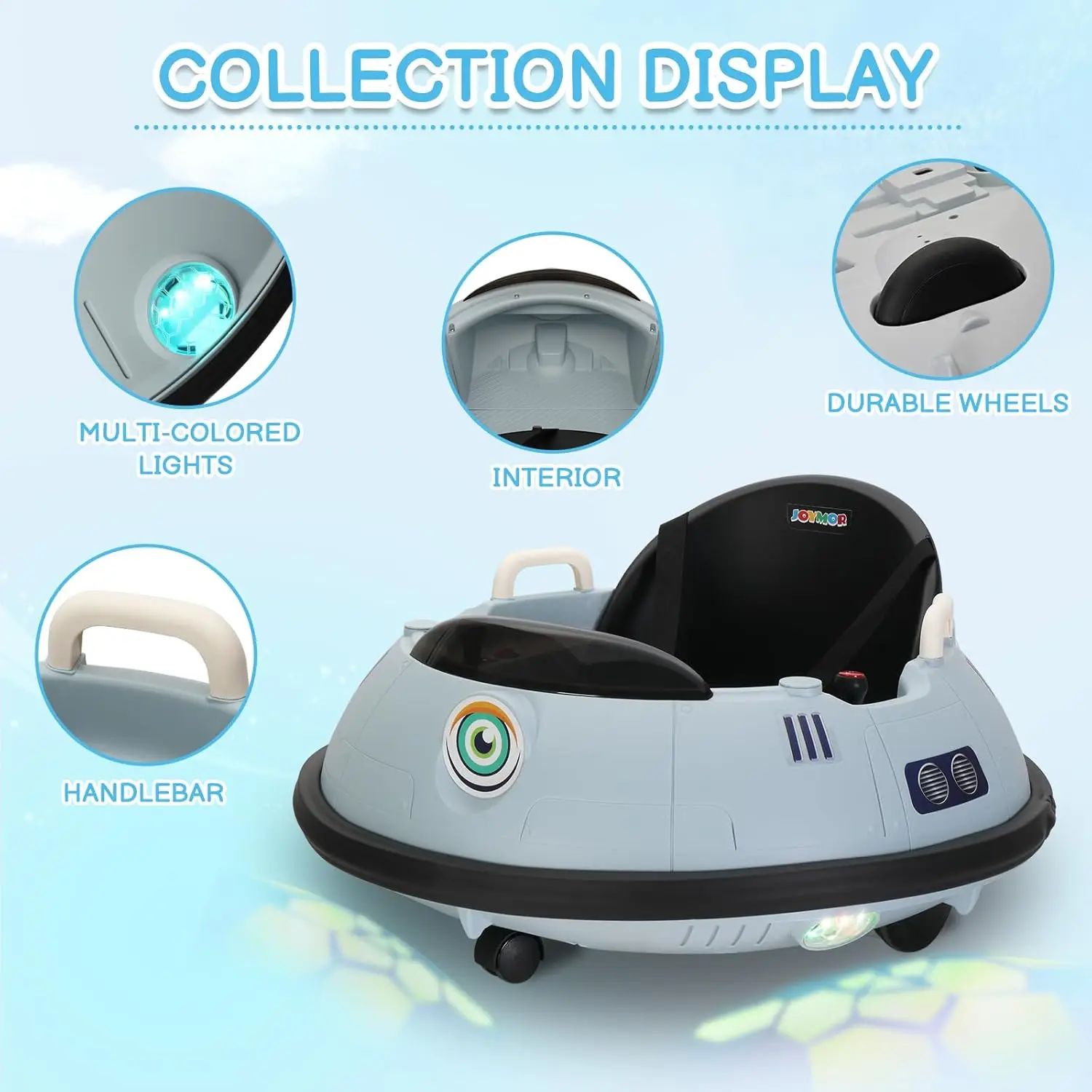 어린이 및 유아용 전기 범퍼카, UFO 범핑 장난감 자동차 선물용 12V 탑승, 수동 및 원격 제어, LED 조명, 360도