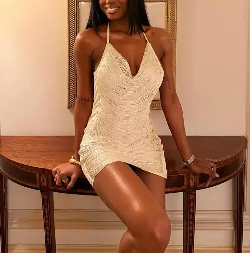 

Autumn and Winter New Women's Fashion Tassel Hanging Neck Tie Sexy Deep V-Neck Hip Hugging Spicy Girl Dress