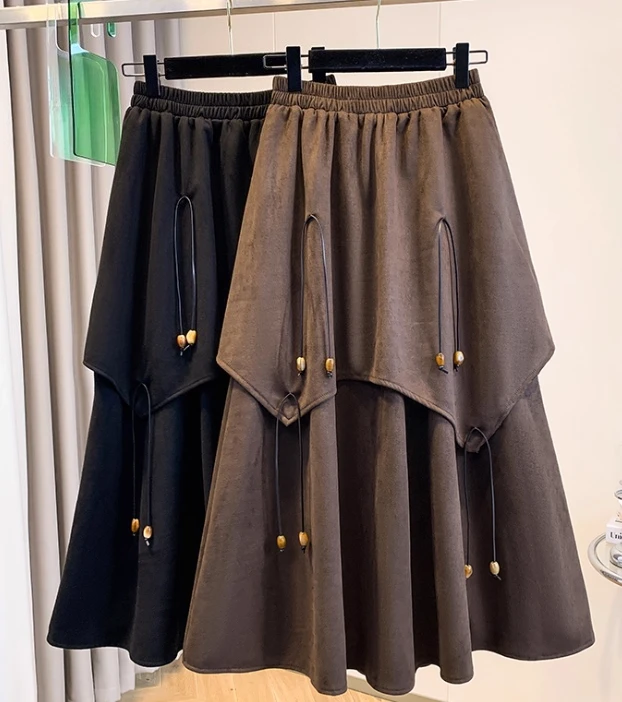 Large Size Women Autumn Chic Tassel High Waist Versatile Skirt Fashion Loose A-line Big Swing Irregular Age Reduction Skirts