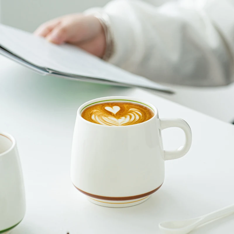 White Porcelain Coffee Cup, Minimalist Striped Design, Thick-Bottomed Ceramic Tea Cup, Latte Cup, Home and Office Water Cup