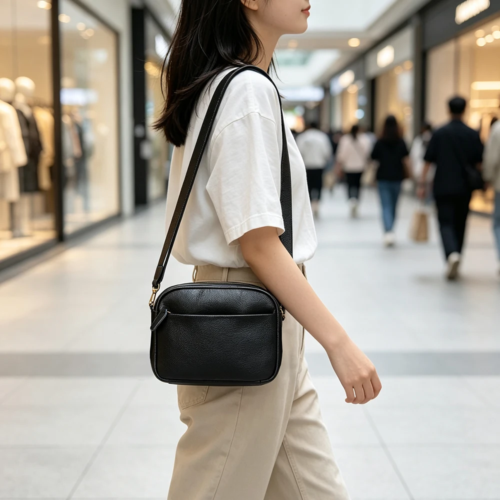 Black Genuine Leather Crossbody Bag Multi Zipper Small Square Commuter Shoulder Storage Bag