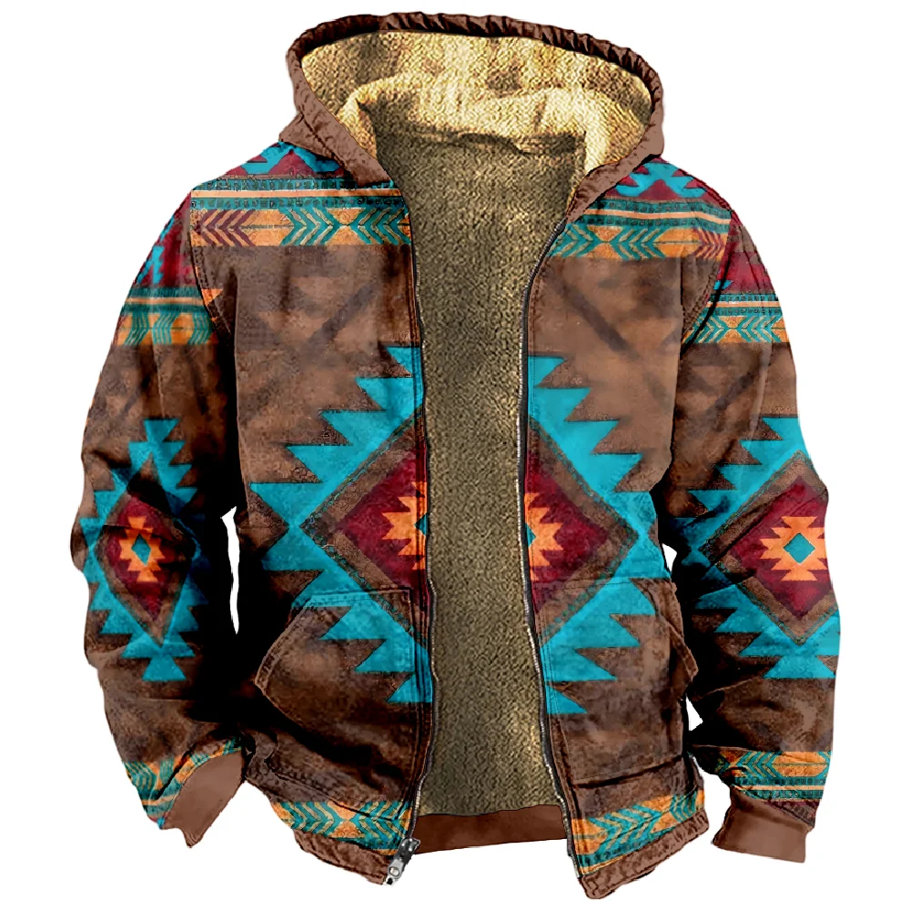 Ethnic Primitive Tribal Fabric Printing Hoodie Long Sleeve Zipper Sweatshirt Stand Collar Coat Women Men Winter Clothes