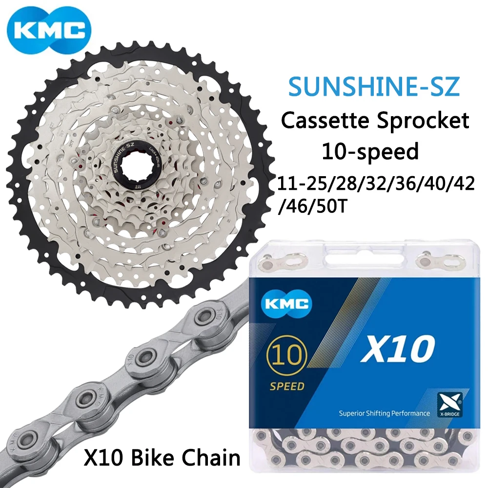 KMC X10 Bike Chain 10 Speed MTB Road Bike SUNSHINE-SZ Cassette 11-25T/28T/32T/36T40T/42T/46T/50T for Shimano Sram Bicycle Parts