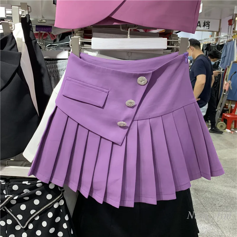 Purple Skirt Women 2023 Summer New Rhinestone Buckle High Waist Slimming Pleated Skirt Girls Lady Students All-matching