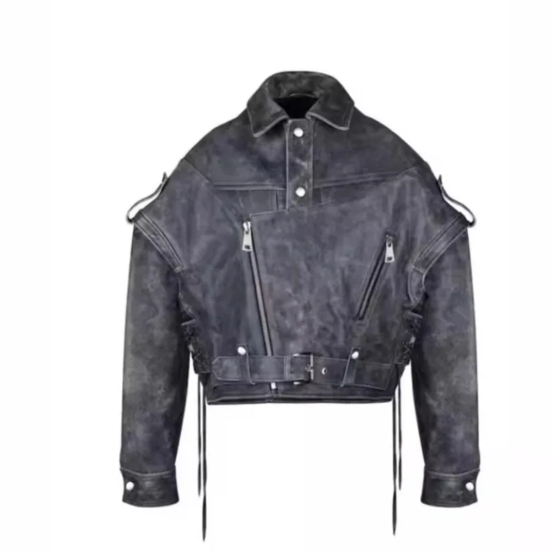 

Spring autumn Retro Lace-up Pu Leather Jacket Unique Lapel Tie Long-sleeved Street Motorcycle Jacket Fashionable and Individual