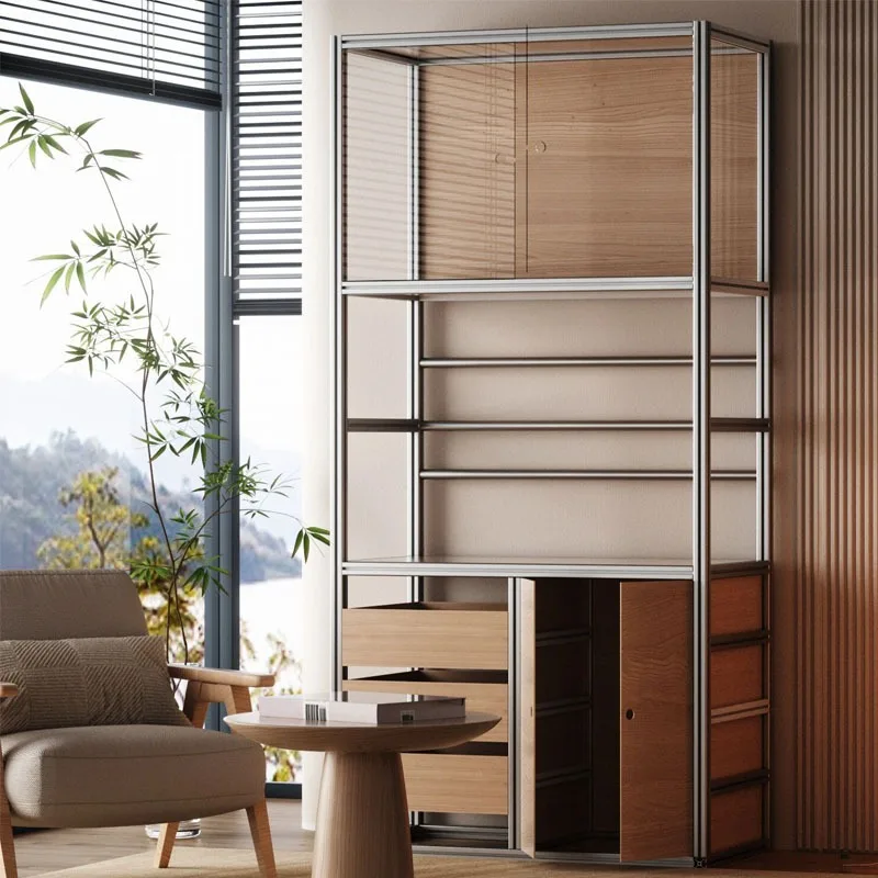 Aluminum Profile Birch Display Cabinet for Modern Minimalist Dining Room Wall Mounted Glass Wine Cabinet Home Multi Tier