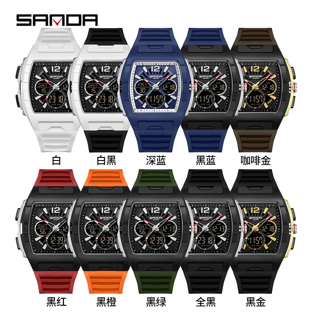 sanda-新しいデュアルディスプレイ腕時計男性用スポーツ-5bar-防水-led-発光アナログデジタル目覚まし時計電子クォーツメンズ腕時計