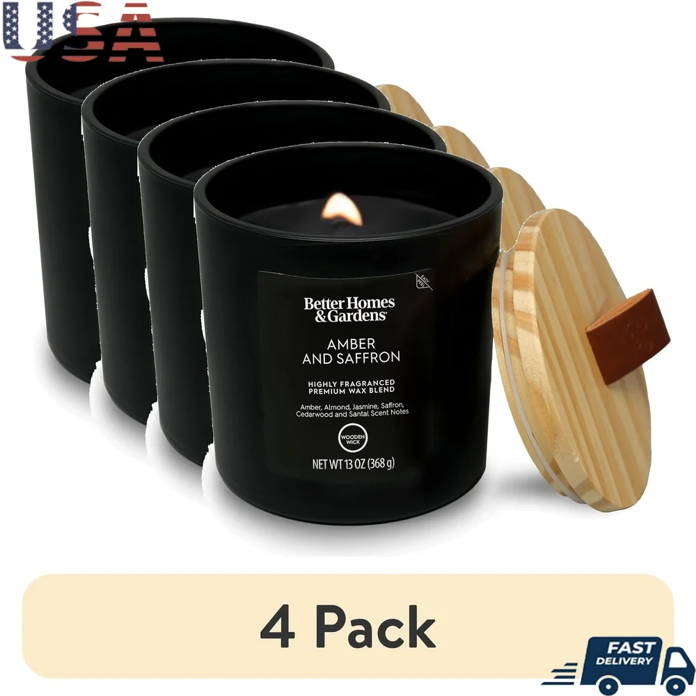 

4 Pack 13oz Amber Saffron Scented Candle Wooden Wick Matte Black Jar Home Decor Aromatherapy Gift 65h Burn Time