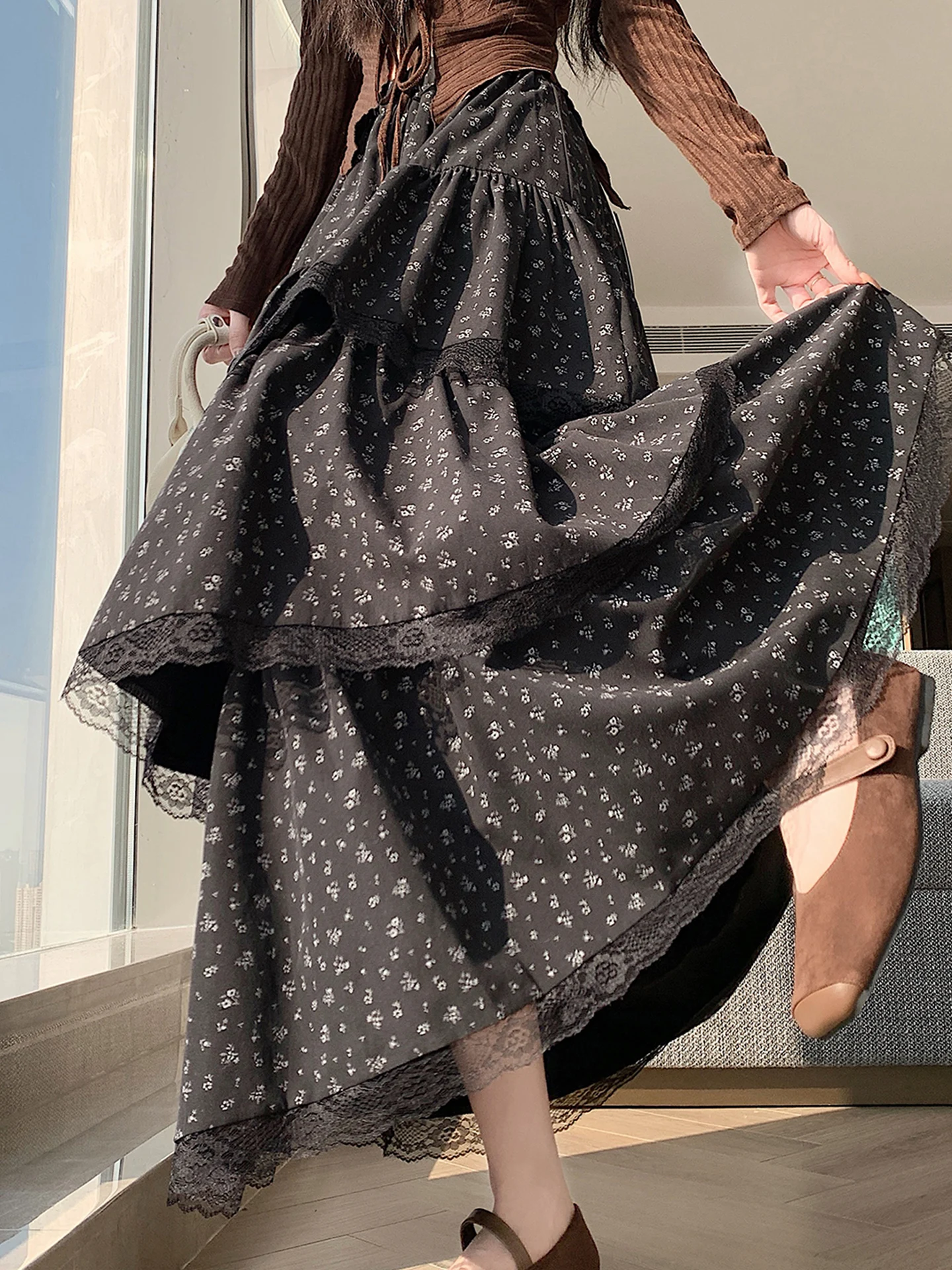 

Корейская дизайнерская многослойная юбка-сарафан для женщин, зимняя, кружевная, с цветочным узором, А-силуэт, широкая юбка-зонтик, для повседневной носки