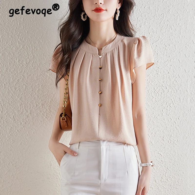 Damen Vintage Mode gekräuselte schlanke Bluse 2024 Sommer Büro Dame elegante Pendel hemden solide o Hals Kurzarm Tops Blusas