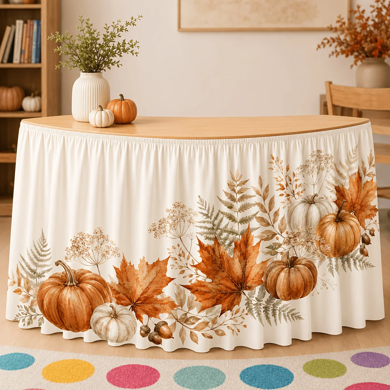 One-piece orange pumpkin maple leaf party table cover and table skirt, rural watercolor style rectangular table skirtzyc