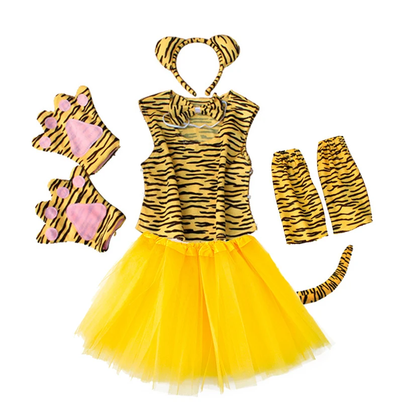 Costume de Cosplay de ixd'Anniversaire pour Enfant, Robe Tutu avec Chaussures, Queue, Gants, Tigre, Halloween