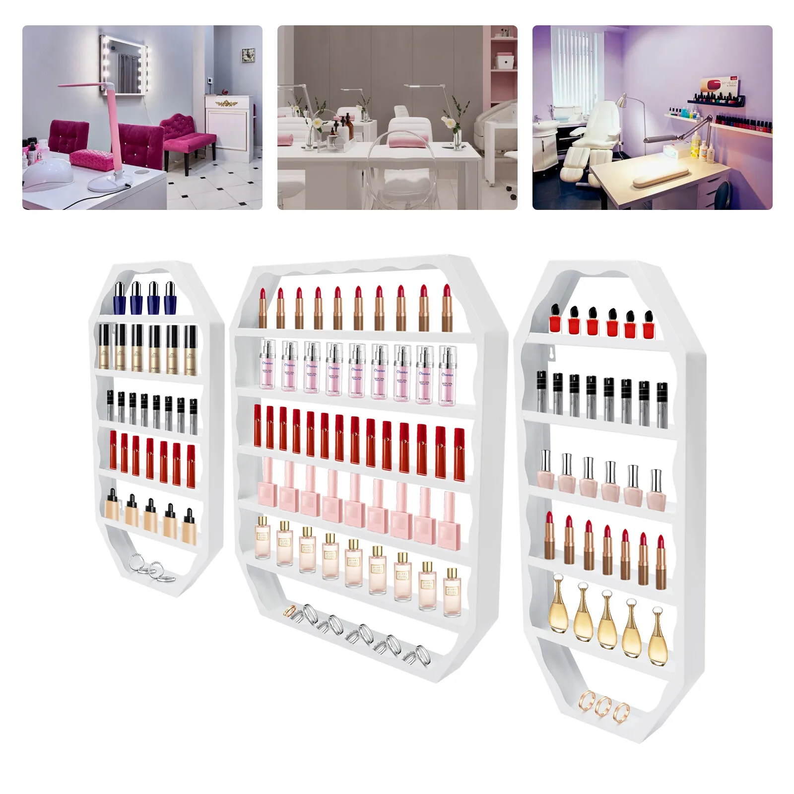 3Pcs Nail Polish Display Rack, Wall-Mounted Nail Polish Storage Rack Iron Nail Polish Organizer with 1 Middle Rack & 2 Side Racks, Nail Polish Display Stand Nail Polish Holder Shelf (White)