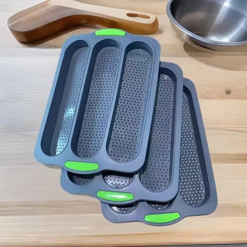 1pcs High temperature resistant silicone three groove baguette mold with perforated French cake mold, diamond shaped bottom