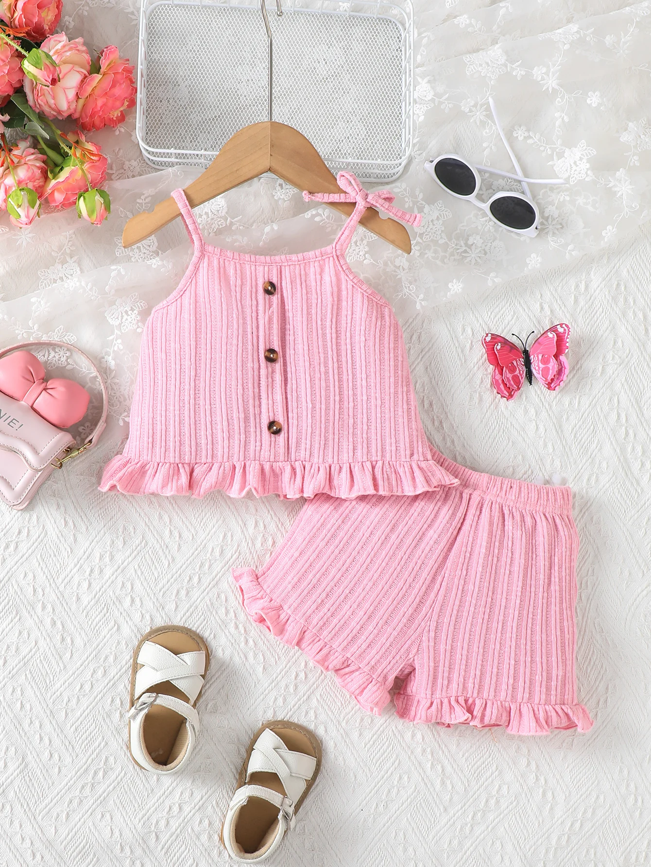 

Summer 0-3 Years Old Infant Baby Girls Spaghetti Strap Top And Shorts Casual 2-Piece Set