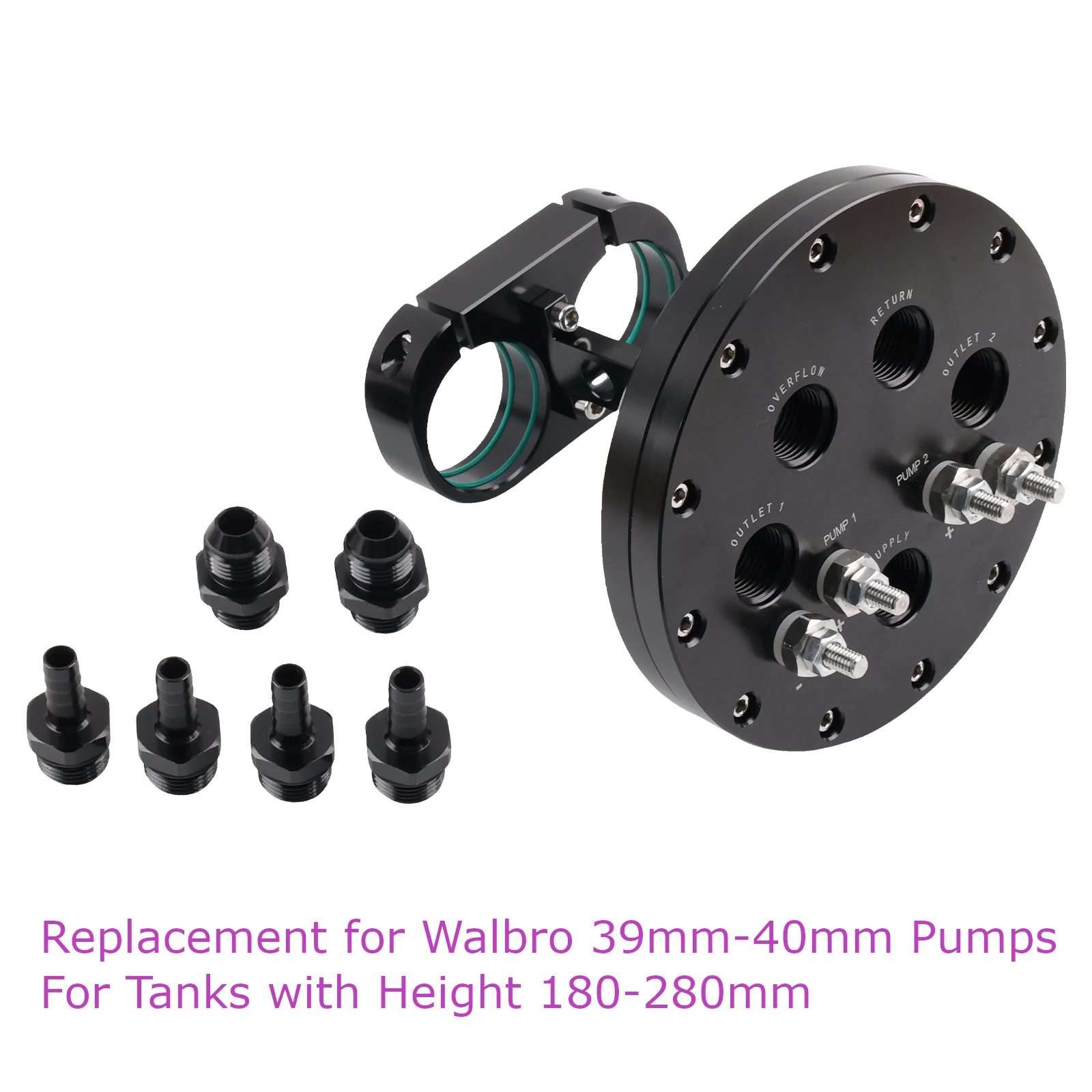 

Replacement Fuel Pump Hanger Assembly Twin Fuel Pump Bracket 39mm Suits Single/Dual For 39mm-40mm Walbro Pumps Aluminum Black