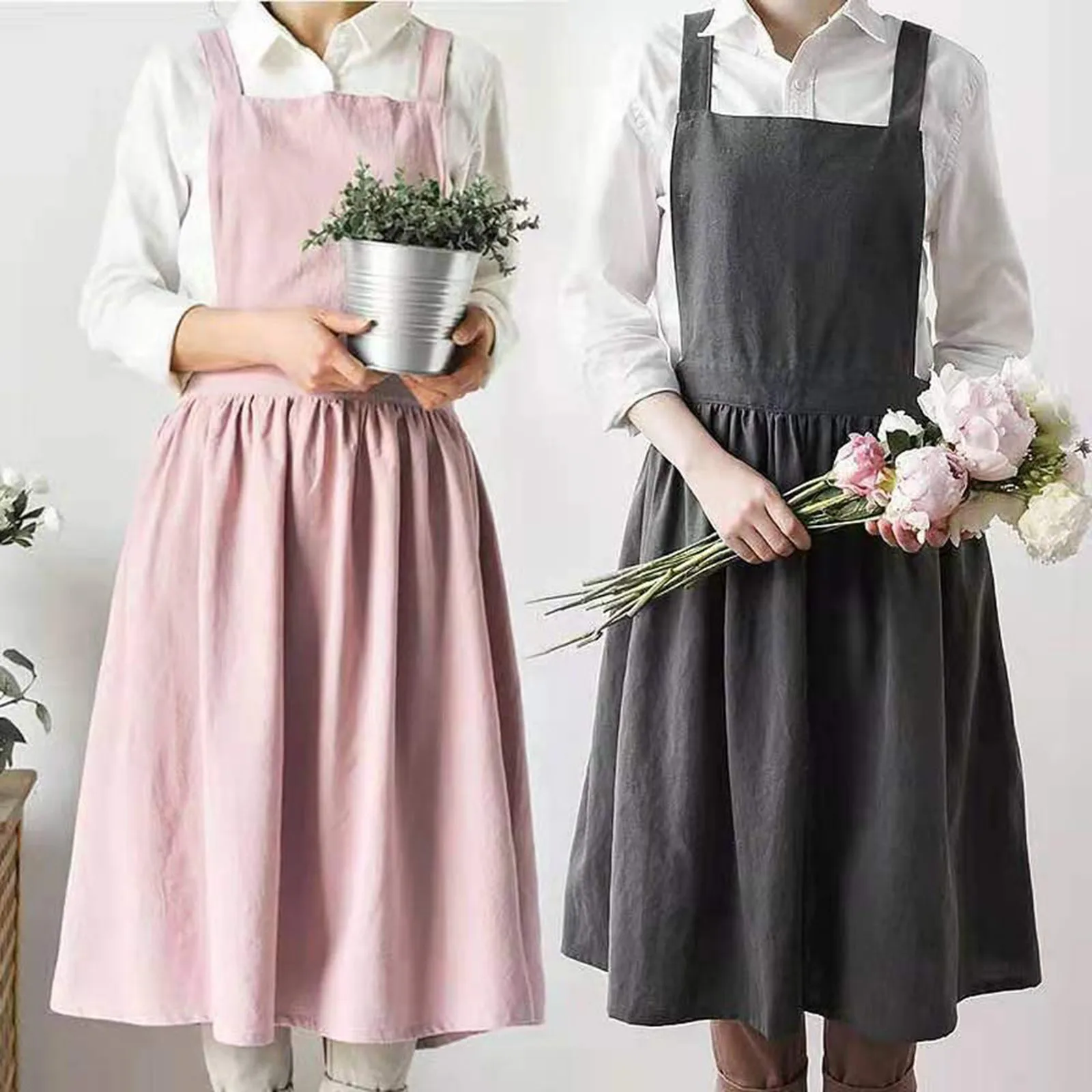 Kitchen Apron Simple Solid Color Hemp Blend Retro Apron Housework Apron for Cleaning and Cooking Pockets Pinafore Work Apron