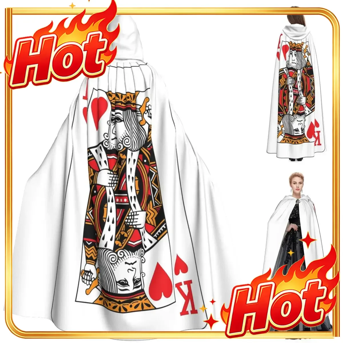 King Of Hearts Poker Playing Card Long Hooded Cloak Witch Medieval Costume Cosplay Cape HalloweenVampire Adult Unisex