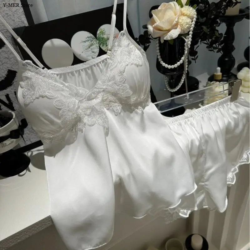 

Lace Appliques Pajamas Set Sexy Camisole+Shorts Suit Women Satin Sleepwear Lingerie Summer New Nightwear Outfit Lady Homewear