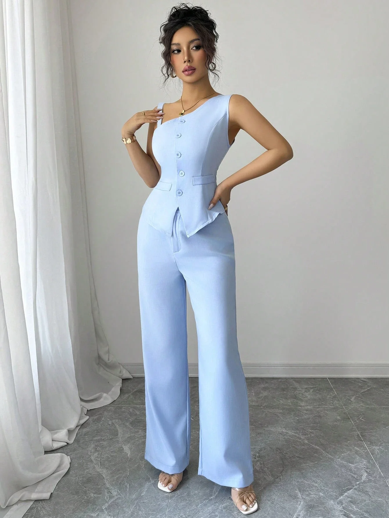 

Women 2pcs Sleeveless Button Vest And Wide Leg Pants Suit Set Sky Blue