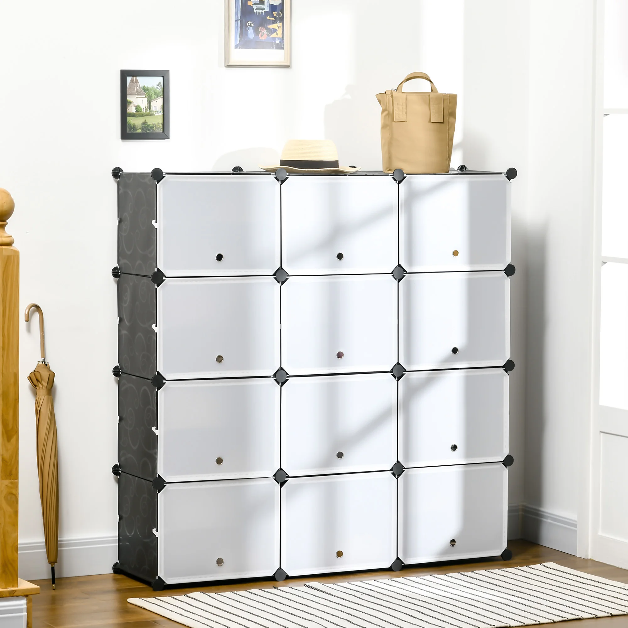 HOMCOM DIY 12-delige dobbelstenenplank systeem, stapelbaar, DIY dobbelstenenplank, schoenenrek, opbergplank, kast, boeken, speelgoed, schoenen, plastic, staal, zwart + wit, 125x32x125cm