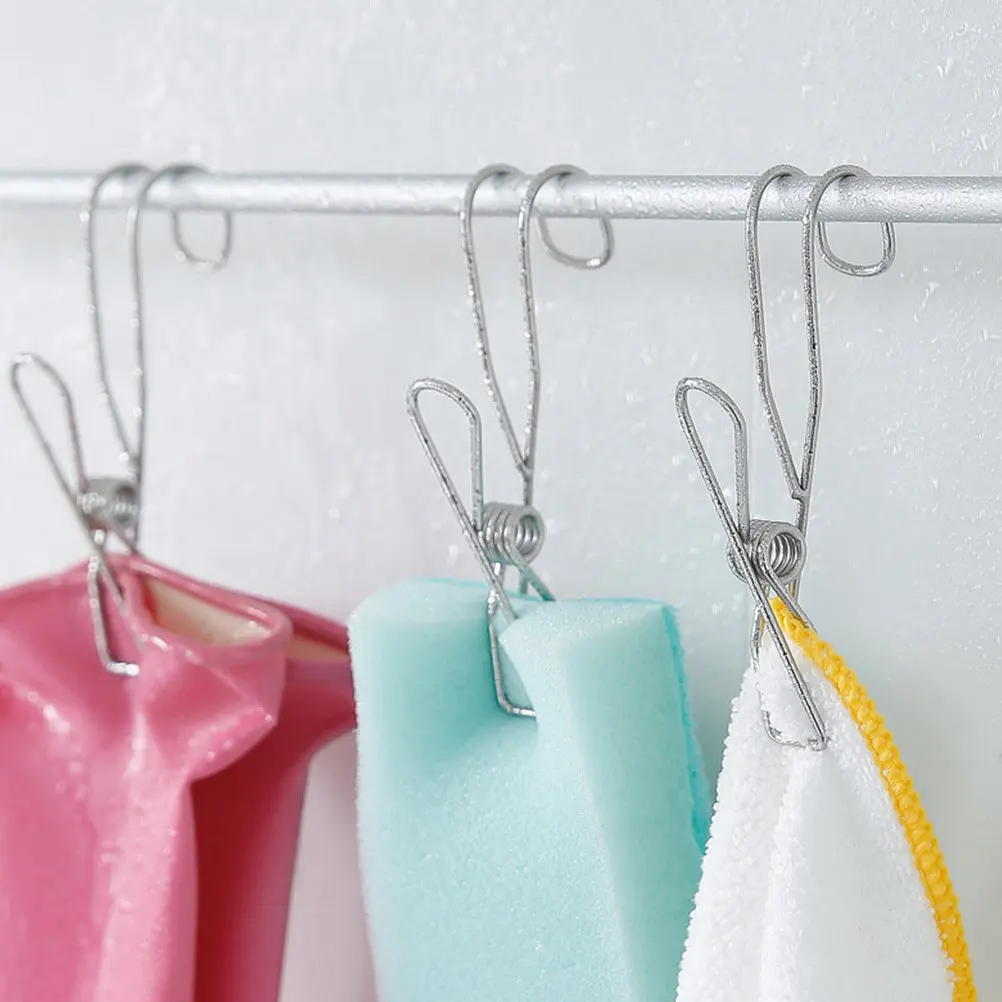 10Pcs Rustproof Stainless Steel Clips with Hook Universal Clamps Large Elastic Hanging Clips for Household Clothes Photos