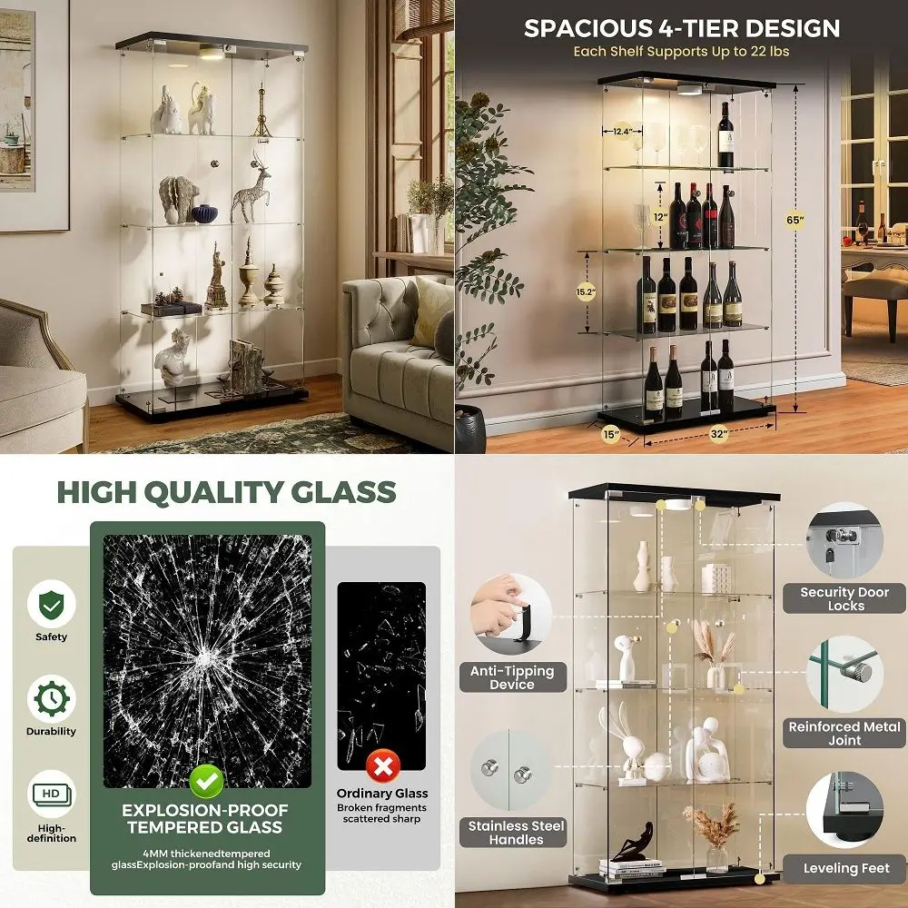 Display Cabinet with LED Lights and Lock, 4Shelf Tempered Glass Curio Cabinet with 2 Doors, Collectible Display Showcase for Li
