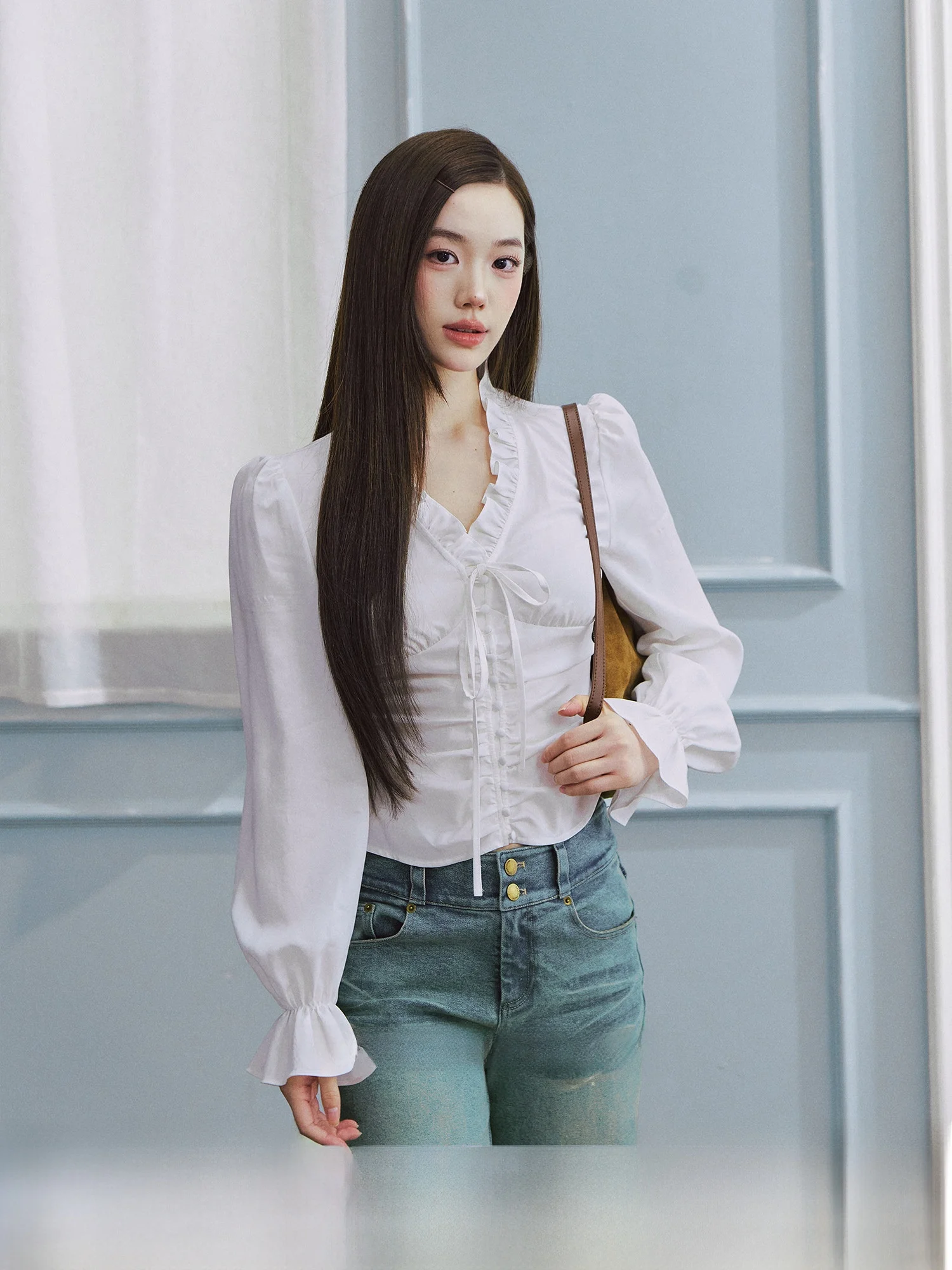 

LaluneDuCiel Pure Love V-ne Bubble Sve Dstring irt Women's Silk Casual Sle Slim Fit Long Sve ort Length