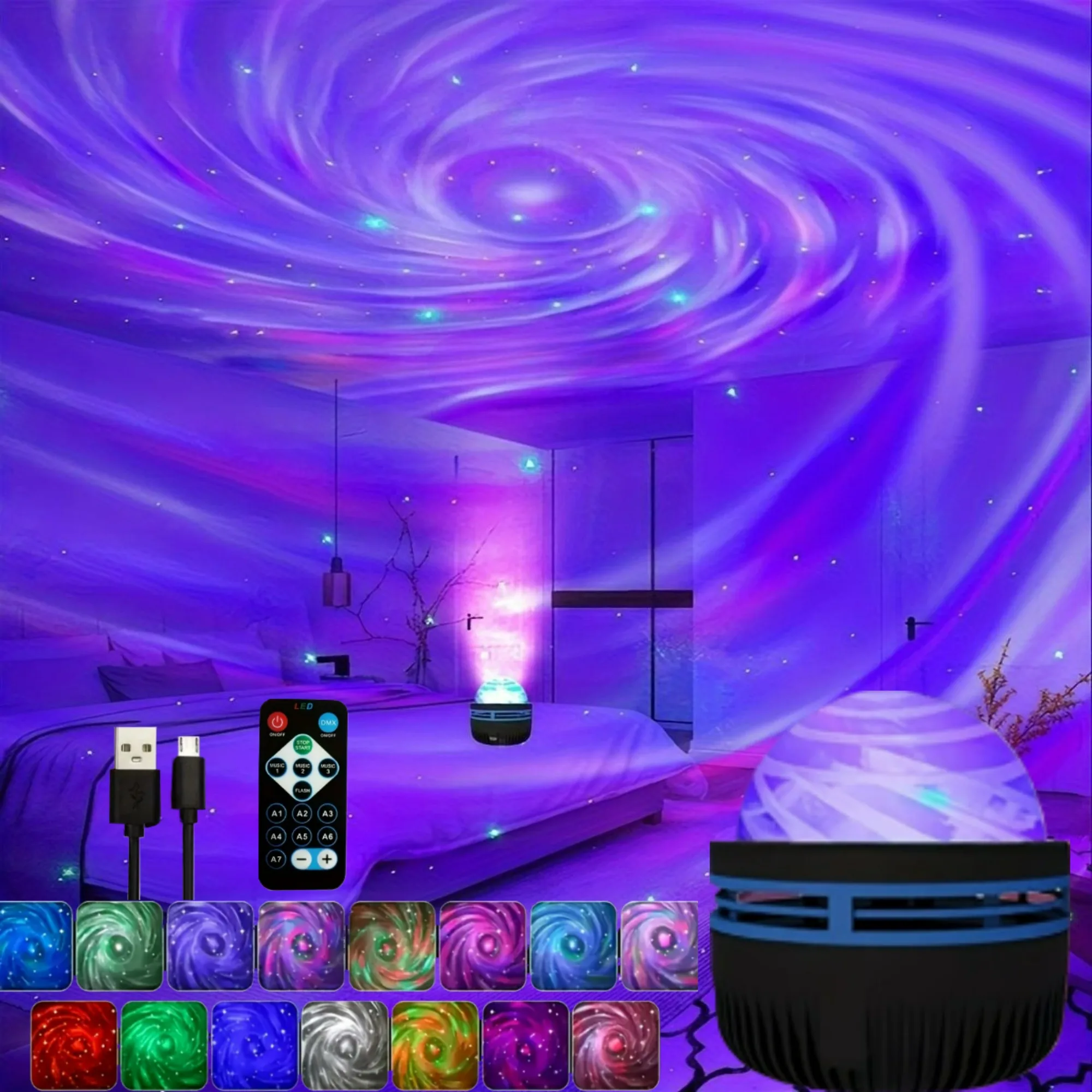 LED السماء المرصعة بالنجوم ضوء RGB غالاكسي العارض جو مصباح إسقاط عيد الميلاد هالوين التحكم عن بعد 7 لون المنزل السيارات تدوير