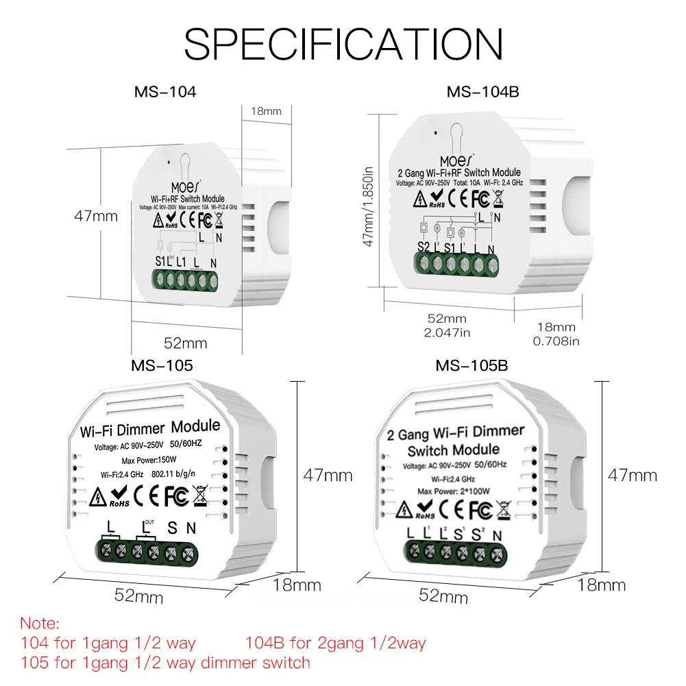 MOES WiFi Smart Light Dimmer Module Smart Life Tuya Remote Control Work with Alexa Google Home 1/2 Way 1/2 Gang