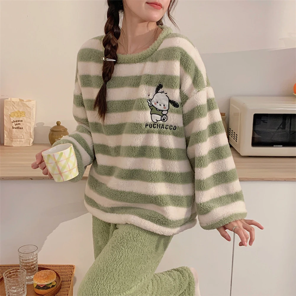 Kawaii Pochacco O-Collar Plush Pajamas Set Sanrioed Cartoon Anime Spring Women Coral Fleece Homewear Cute Girl Student Warm Soft