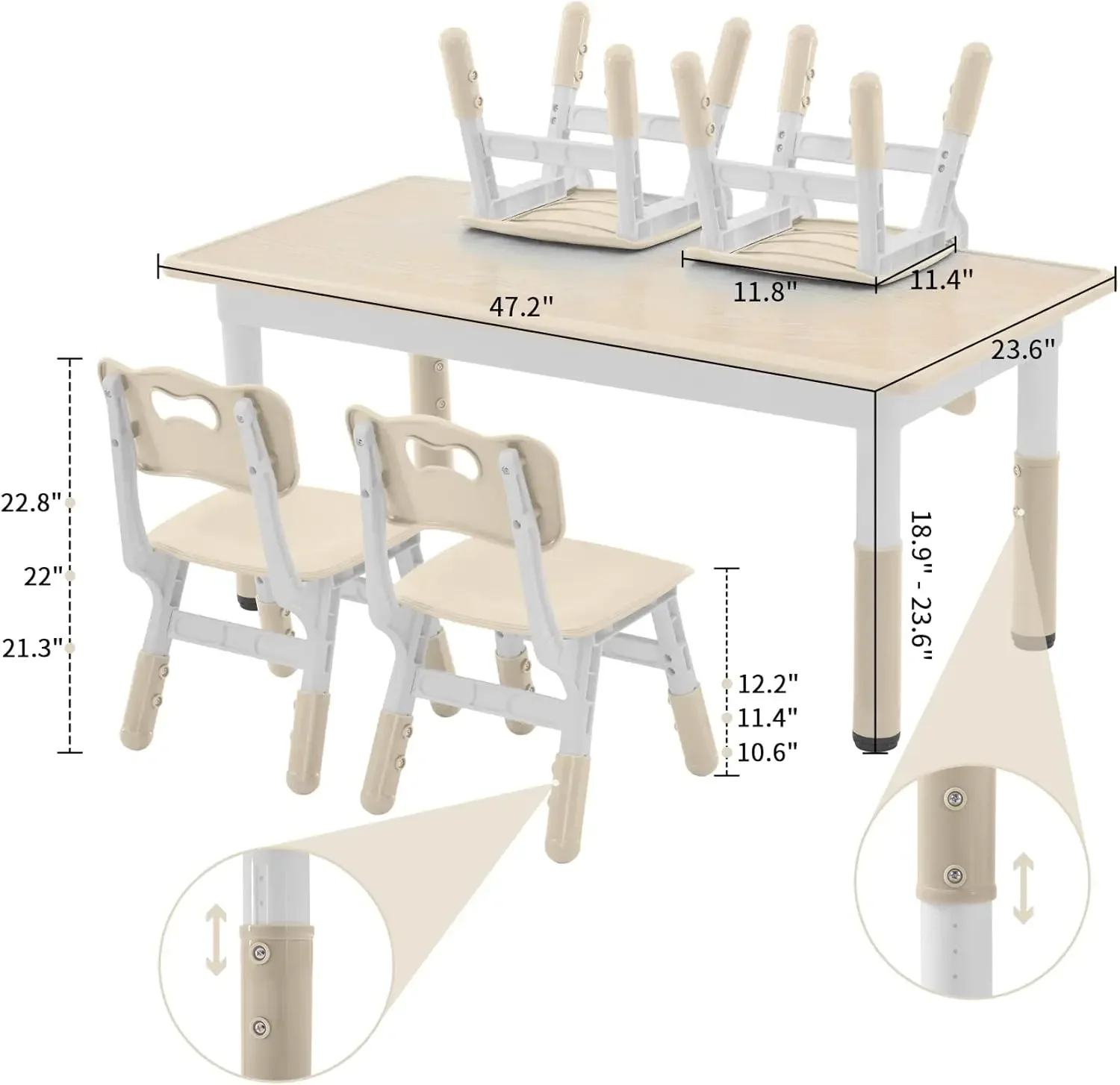 Table and Chairs Set for 4, 47.2''L x 23.6''W Kids Study Table and Chair Set, Height-Adjustable, Graffiti Desktop, Child