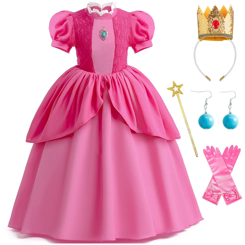 New Princess Peach Chiffon Lace Girls Cosplay Dress Baby Kids Vestidos Party Dresses Carnival Halloween Costume For 3-11 Years