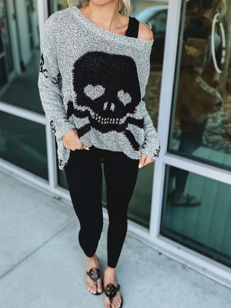 2024 New Women's Sweater Fashion Skull Pattern One Collar Loose Casual Versatile Knitted Sweater