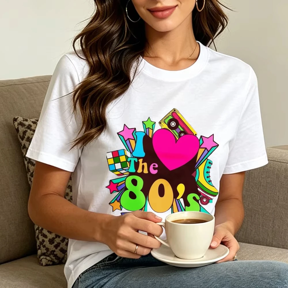 I Love The 80s Retro Cassette Neon Star Graphic Women Cotton Tshirt Vintage Throwback Tee Nostalgic Party Short Sleeve Shirts