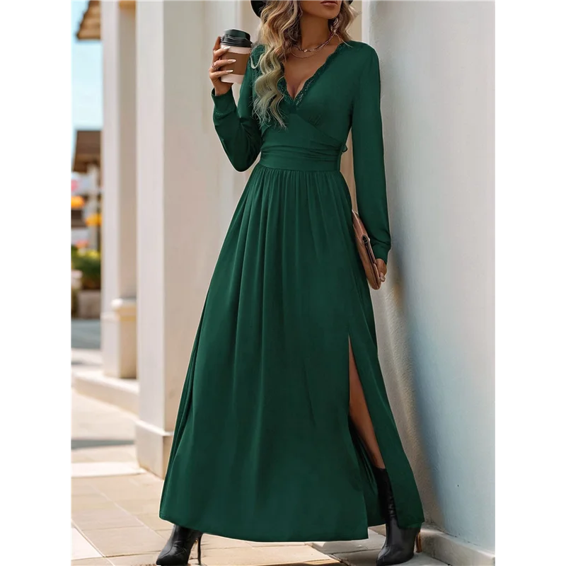 【SEE】 Abito lungo da donna con scollo a V profondo e maniche lunghe con spacco, autunno 2025, elegante, formale, per matrimonio, sera, data, ballo di fine anno