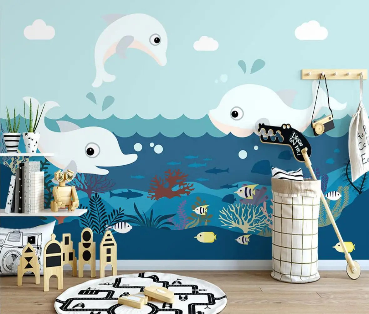 Custom Nordic cartoon underwater world little dolphin wallpaper for bedroom walls 3D wall paper for children's room decoration