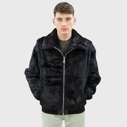 Real Rex rabbit Fur Coat Men's Black With Turn Down Collar New Jacket Natural Fur Short Style With Zipper