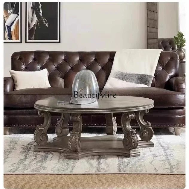 

2 yj15 American solid wood round villa old French retro round coffee table classical carving
