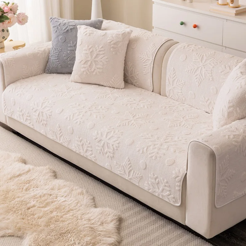 Thick Snowflake Jacquard Sofa Cushion Winter Anti Slip Plush Sofa Cover for Living Room Sectional Adjustable Furniture Protector