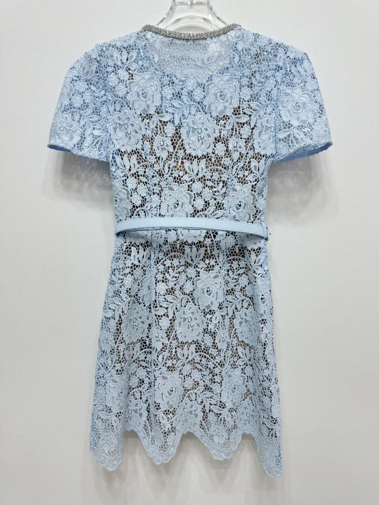 Brand Quality Summer Holiday Diamonds Crystal Bow Floral Embroidery Blue Lace Party Dress Women\'s Short Sleeve Mini Dresses