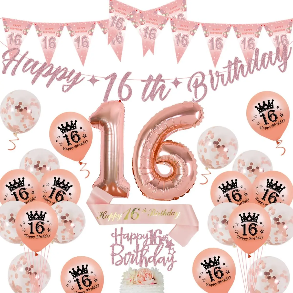 

Cheereveal Rose Gold 16th Birthday Decorations for Girls Sweet 16 Birthday Balloons Happy 16th Birthday Banner Sash Cake Topper