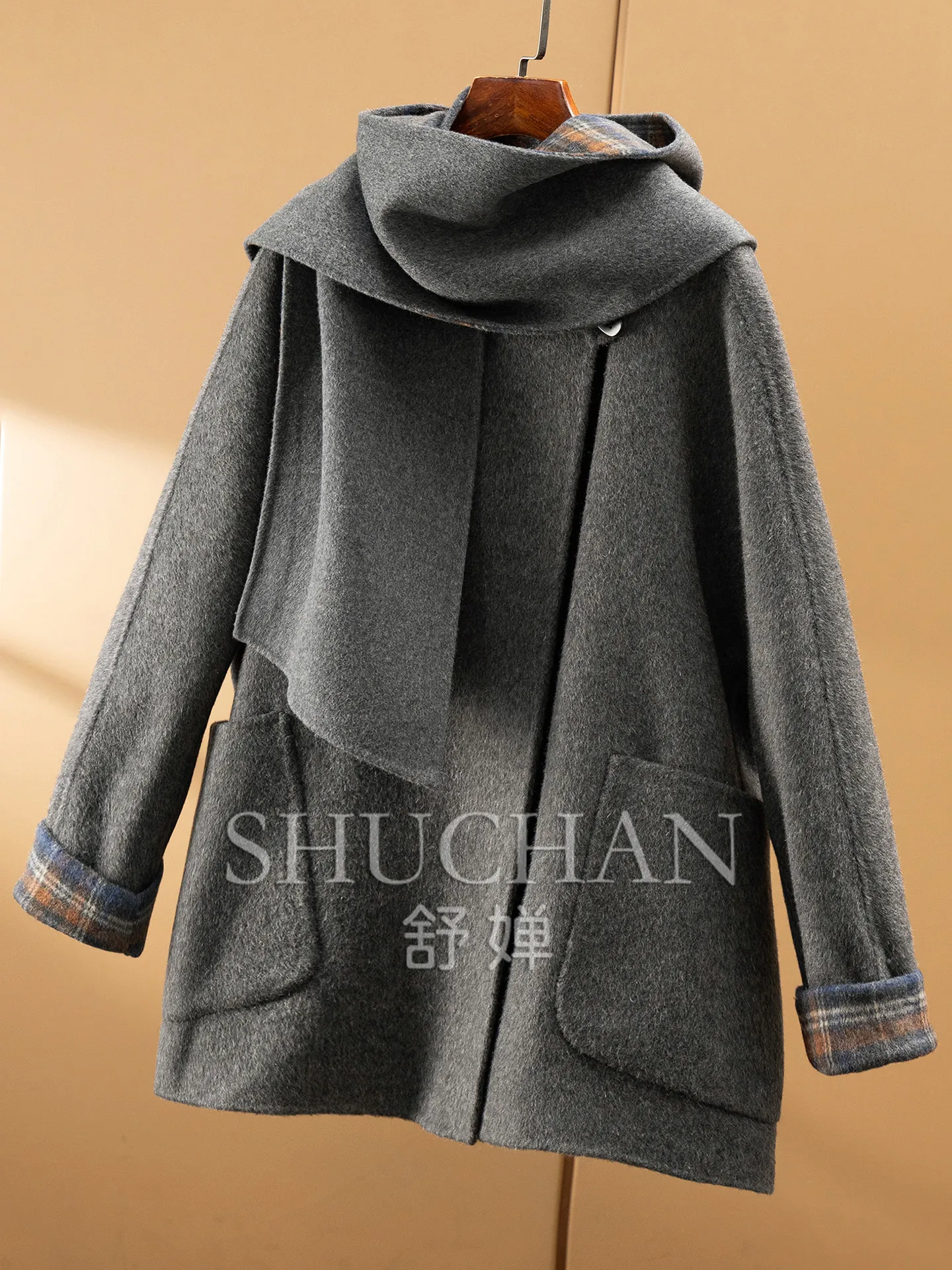 French Luxury 100% Wool Double-sided Woolen Crew Neck Coat Matching Scarf Jacket Women's 80J3