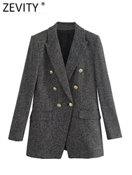 Zevity vintage gola entalhada houndstooth padrão tweed casaco de lã blazer feminino outerwear ternos chiques veste topos ct2994