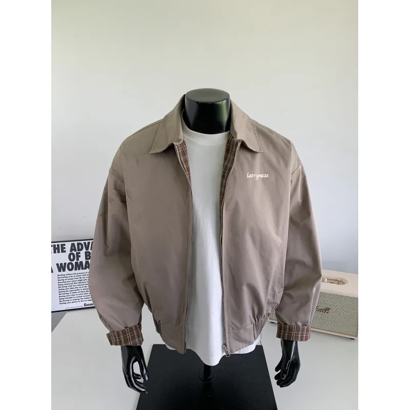 Men's Streetwear Reversible Plaid Jacket American Style 2025 Oversized Double-Sided Grid Outerwear Casual Collar Coat Men