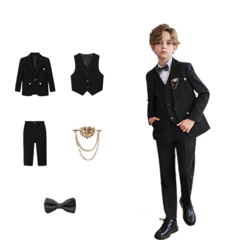 Children 5Pieces/Set Jacket Vest Pant Brooch Bowtie Clothing Set Kids Black Blazer Suit Boys Formal Wedding Birthday Party Dress