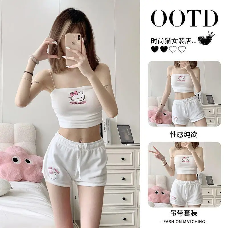 

Милые майки Hello Kitty для девочек с накладкой на грудь, утягивающие пижамы, топы, милые майки, женская одежда, летние шорты-бретельки, домашняя одежда