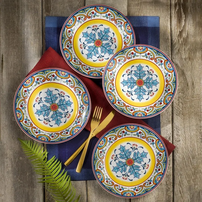 Zanzibar Collection 16 Piece Dinnerware Set Kitchen and Dining, Service for 4, Spanish Floral Design, Multicolor,Blue and Yellow